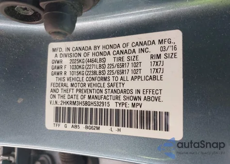 2016 Honda Cr-V Ex из США, поврежденный, VIN 2HKRM3H58GH532915